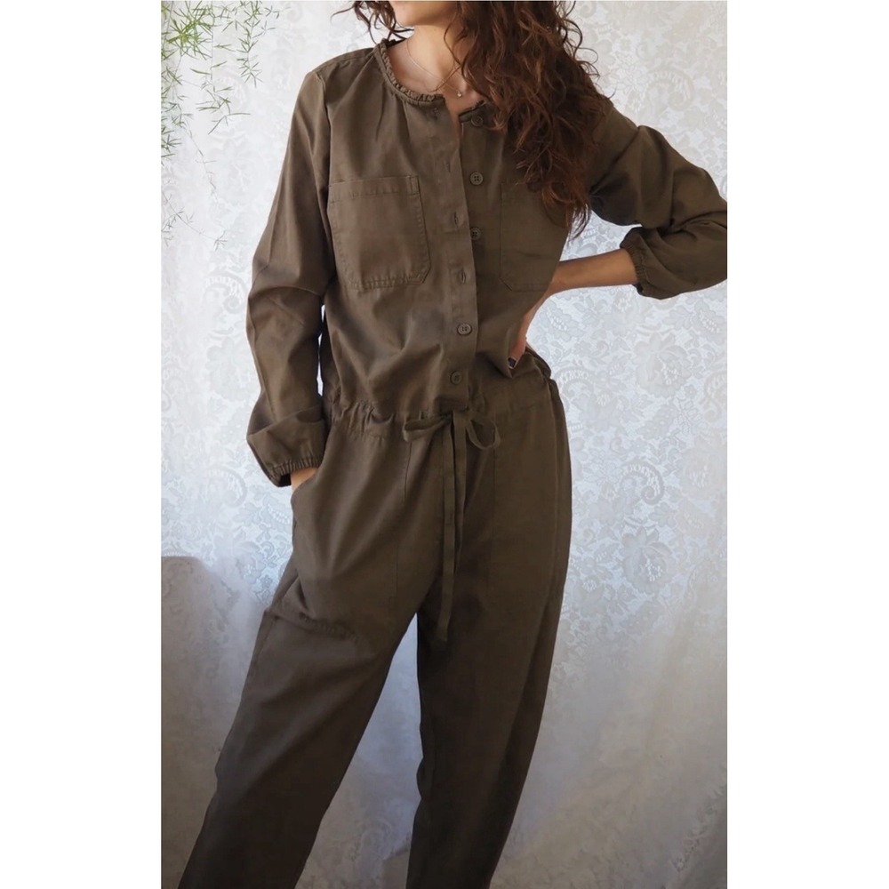 Aerie Jumpsuit Women Large Olive Green Utility Long Sleeve Button Coverall NEW
